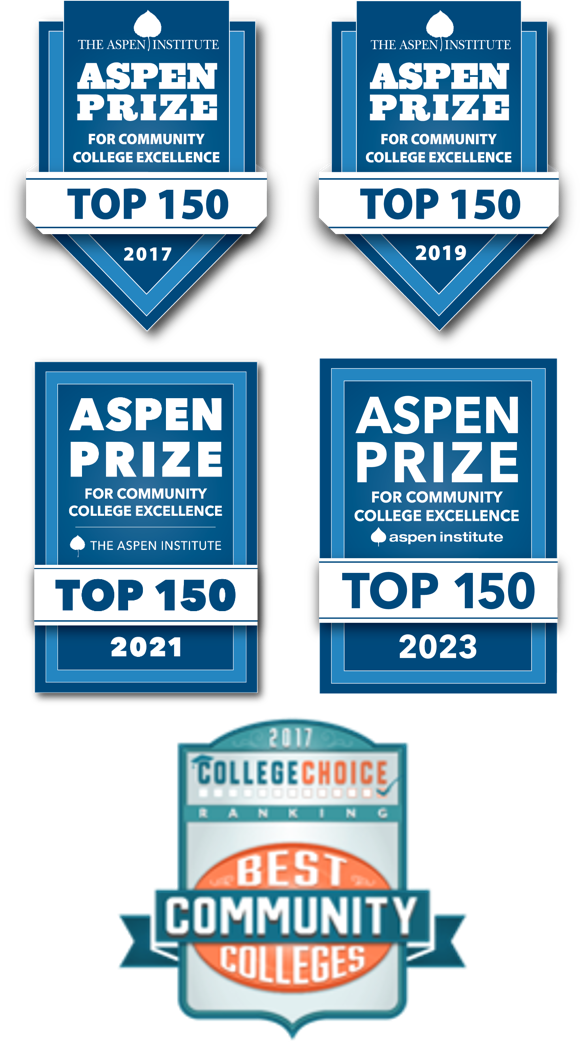 Aspen Prize 2017-2023 logos, College Choice 2016-17 Best Community Colleges