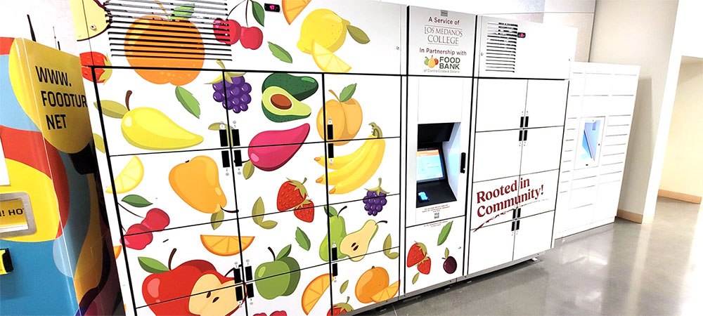 Food lockers at the Brentwood campus covered with designs of produce