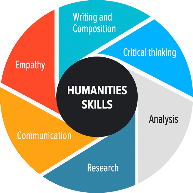 Humanities skills are Empathy, writing and composition, critical thinking, analysis, research and communication