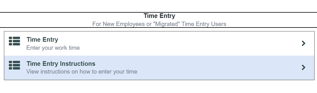 Time Entry selection screen between "Time Entry" and "Time ENtry Instructions"