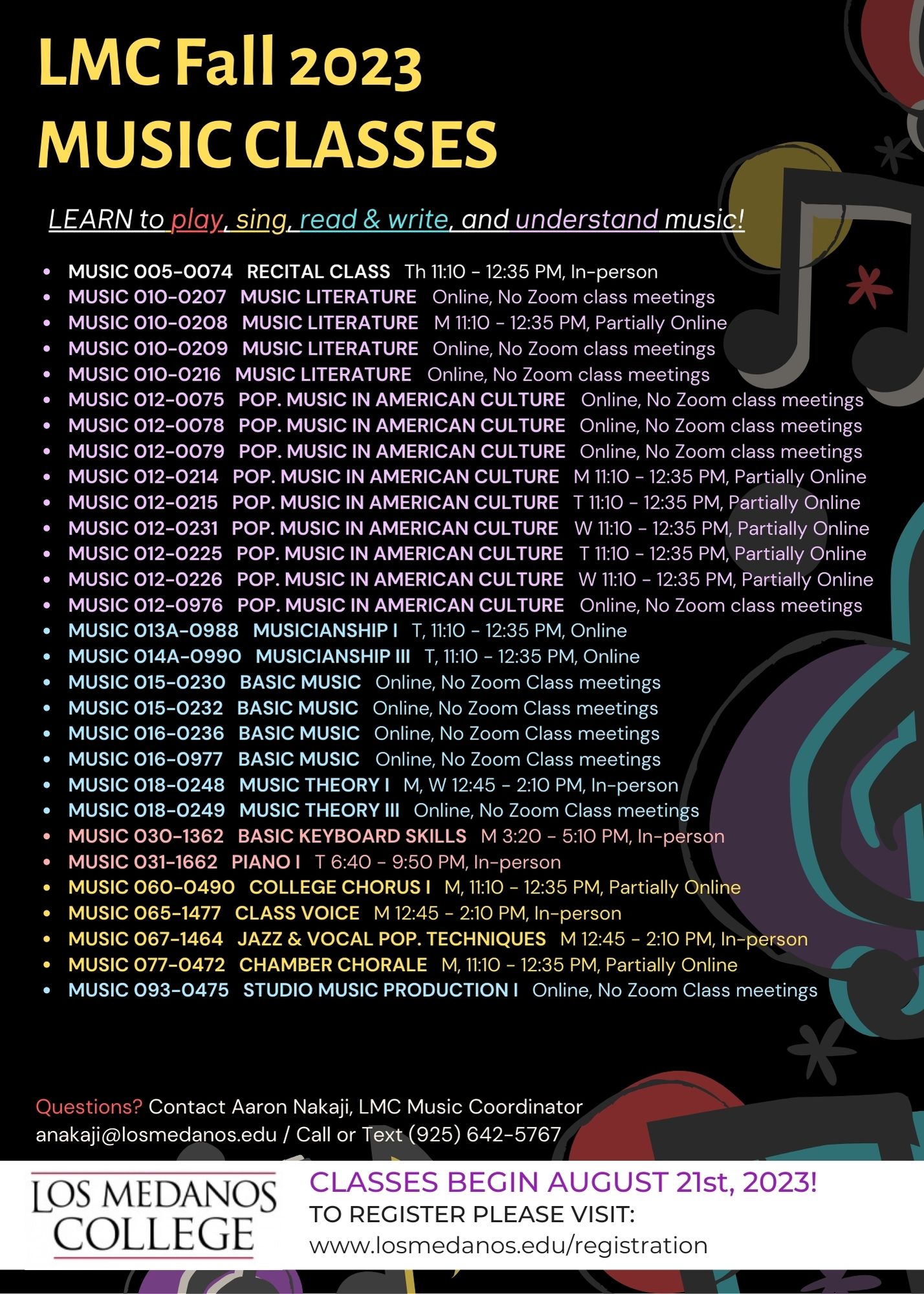 Fall 2023 Music Class Schedule