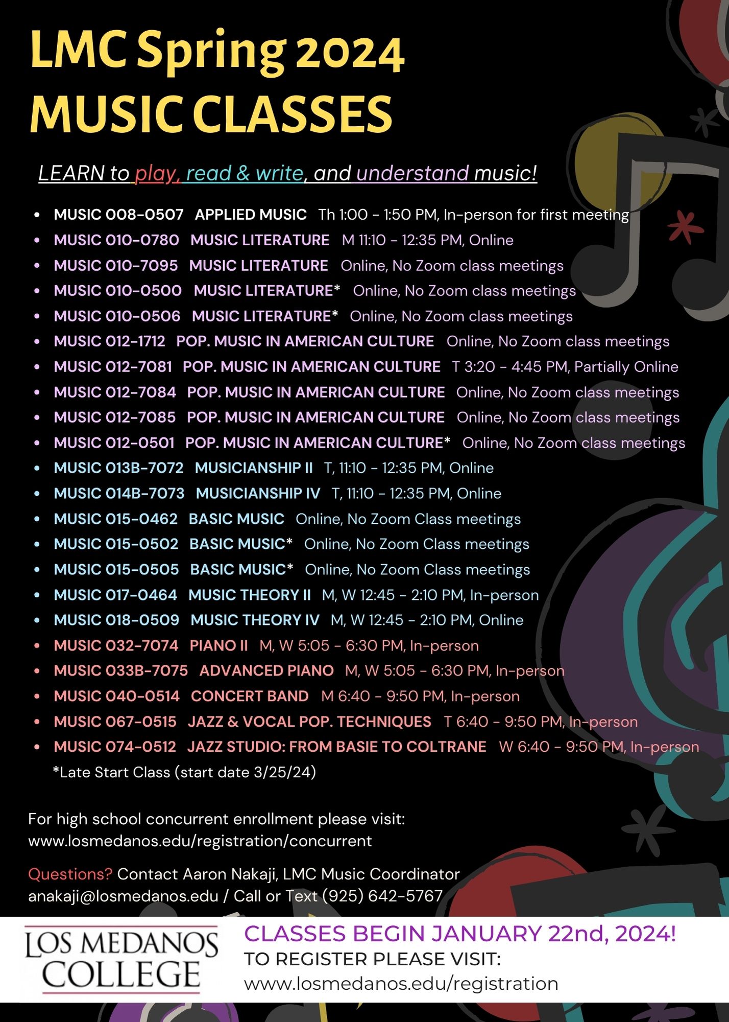 Spring 2024 Music Classes Flyer