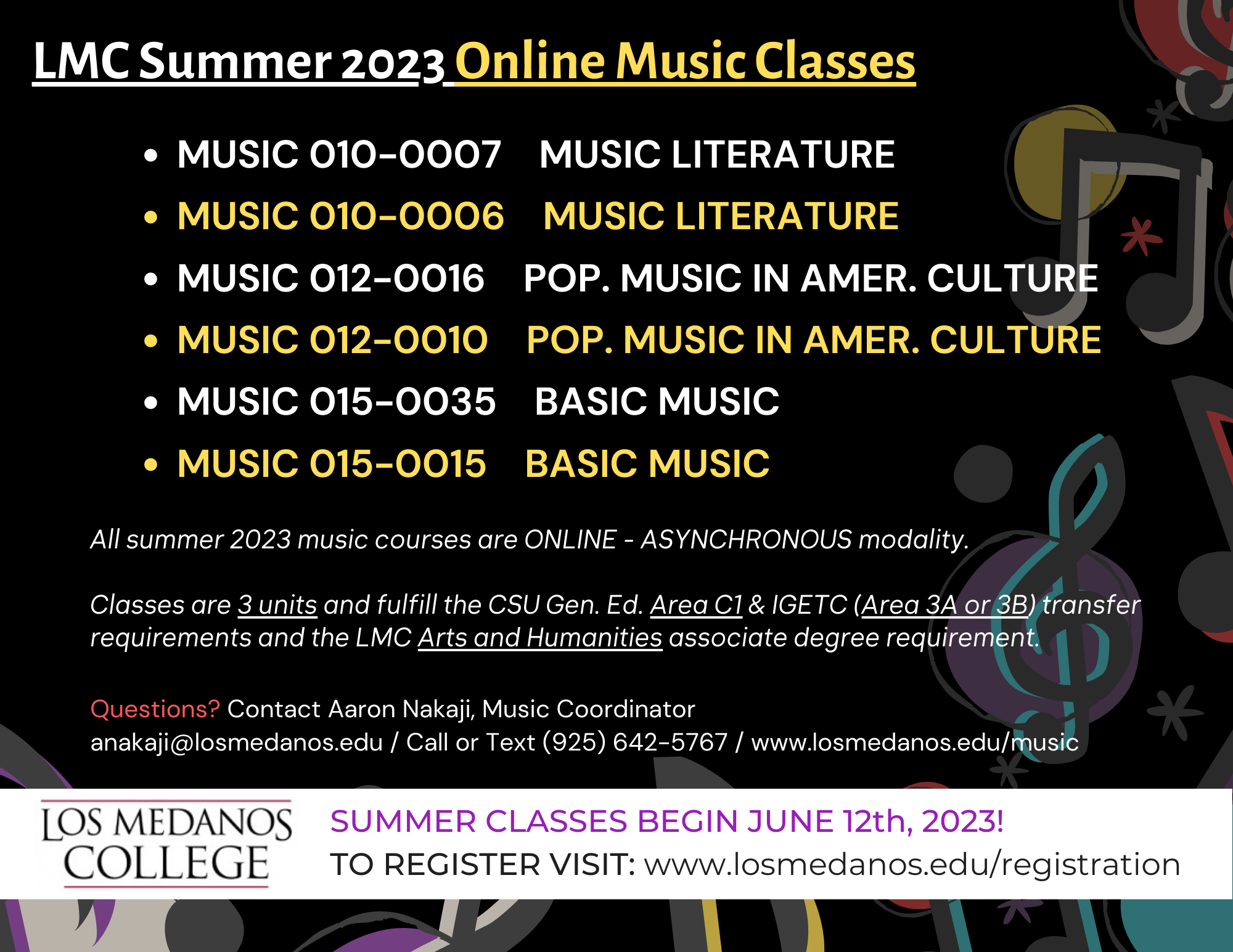 Summer 2023 Music Class Schedule